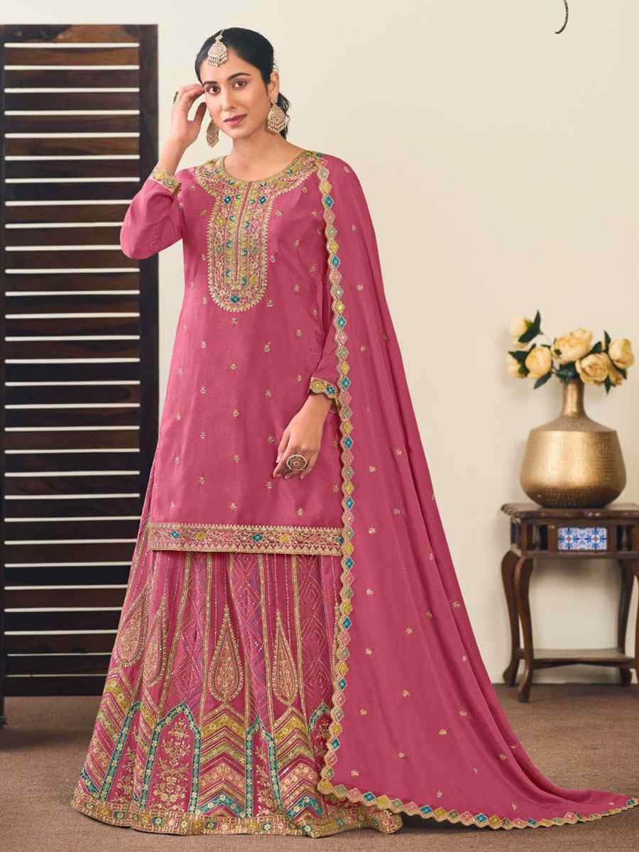 Pink Heavy Premium Chinon Embroidery Party Wedding Festival Casual Ready Kurti Lehenga Choli