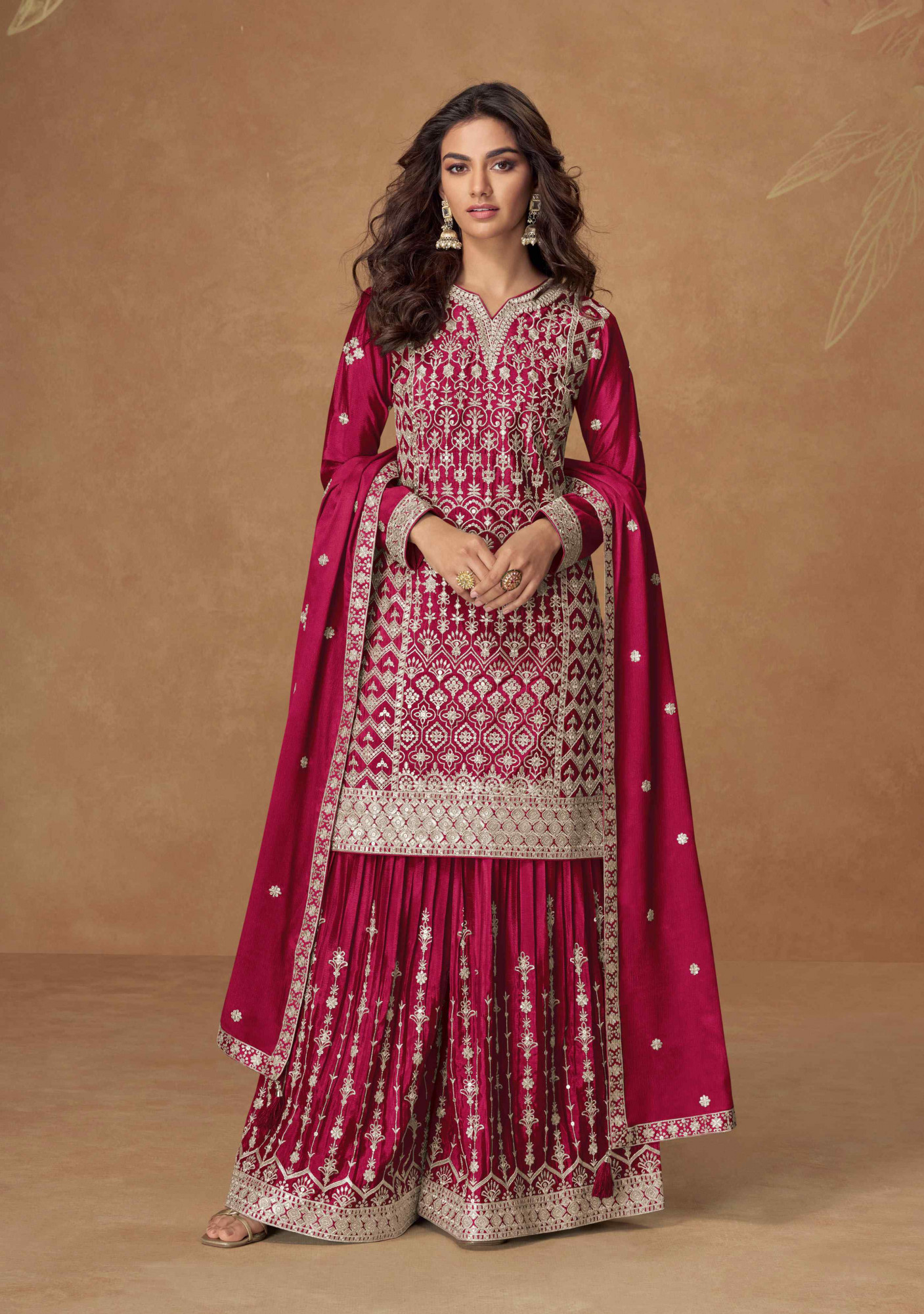 Pink Heavy Premium Chinon Embroidery Party Wedding Festival Casual Ready Palazzo Pant Salwar Kameez
