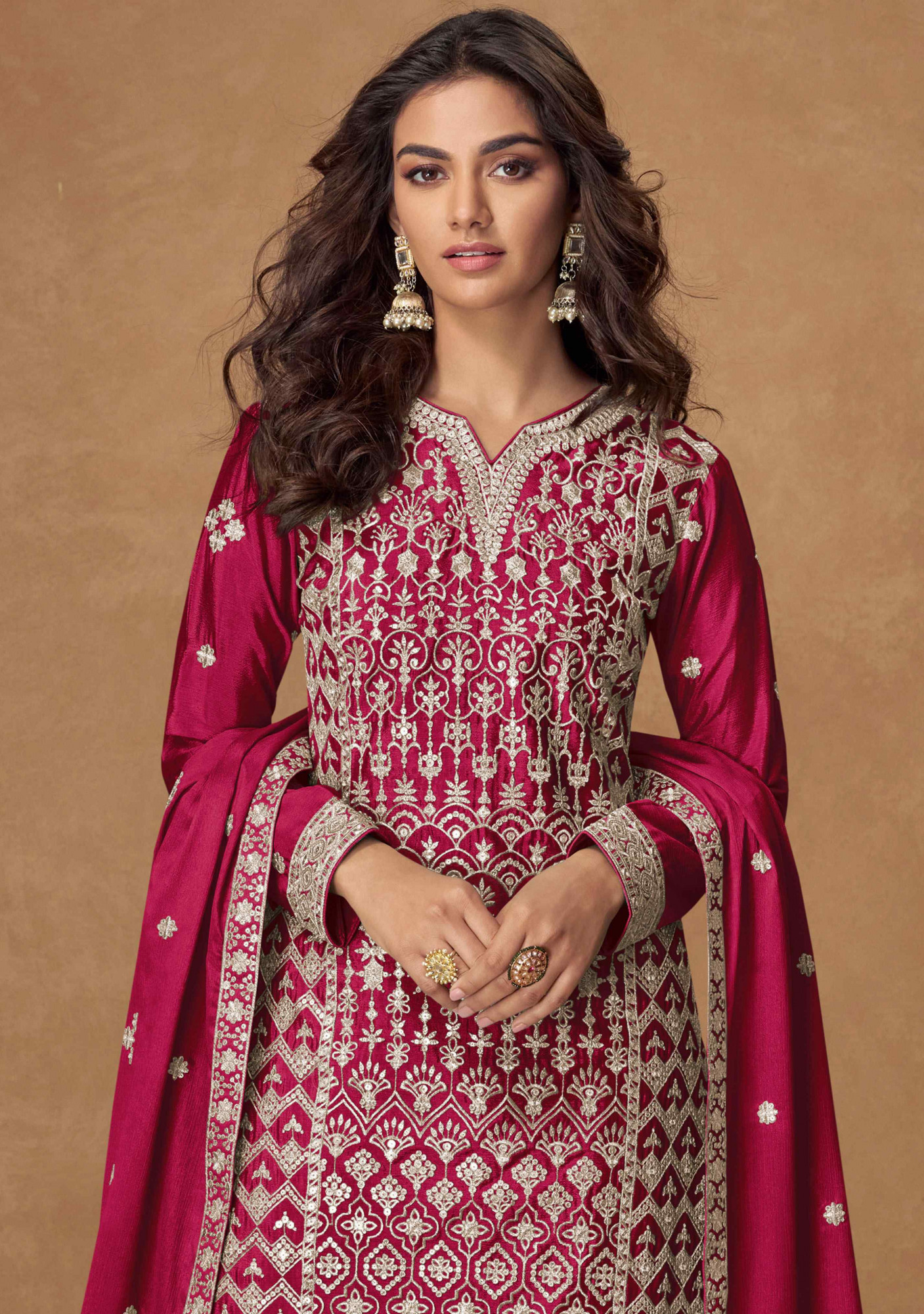 Pink Heavy Premium Chinon Embroidery Party Wedding Festival Casual Ready Palazzo Pant Salwar Kameez