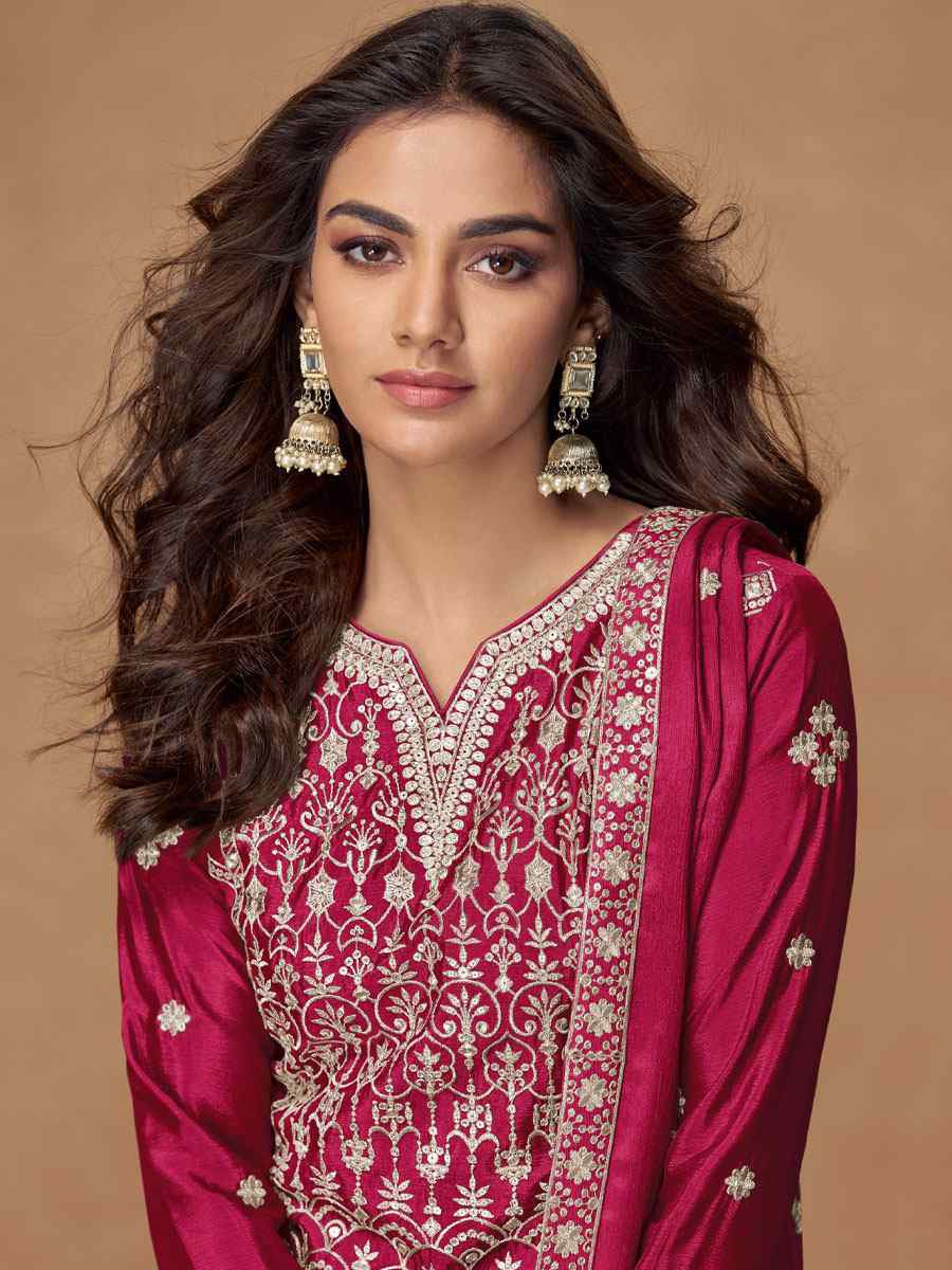Pink Heavy Premium Chinon Embroidery Party Wedding Festival Casual Ready Palazzo Pant Salwar Kameez