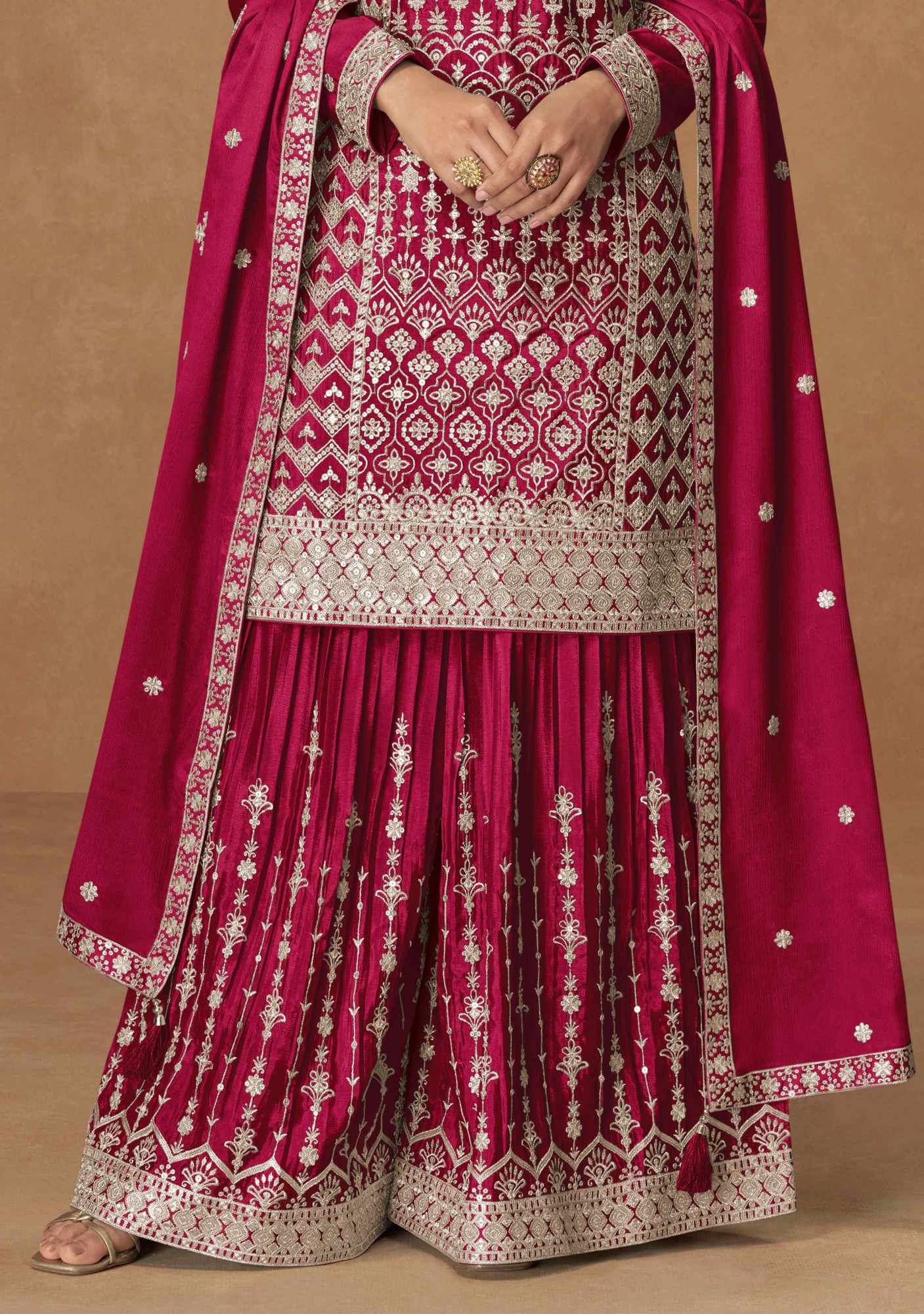 Pink Heavy Premium Chinon Embroidery Party Wedding Festival Casual Ready Palazzo Pant Salwar Kameez