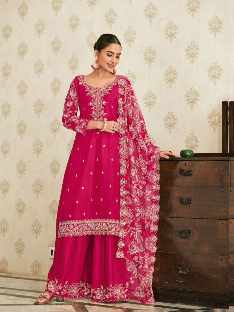 Image of Pink Heavy Premium Chinon Embroidery Wedding Party Festival Casual Palazzo Pant Salwar Kameez