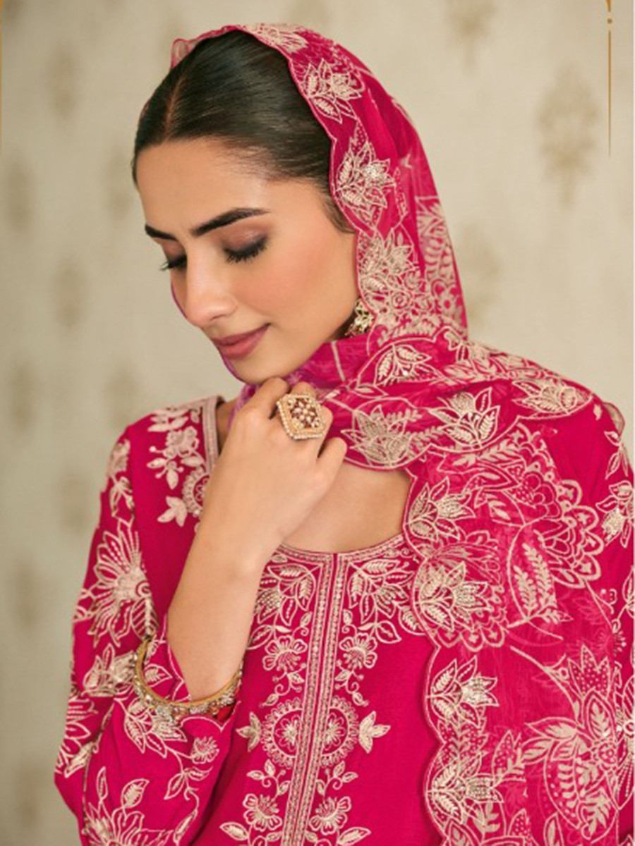 Pink Heavy Premium Chinon Embroidery Wedding Party Festival Casual Palazzo Pant Salwar Kameez