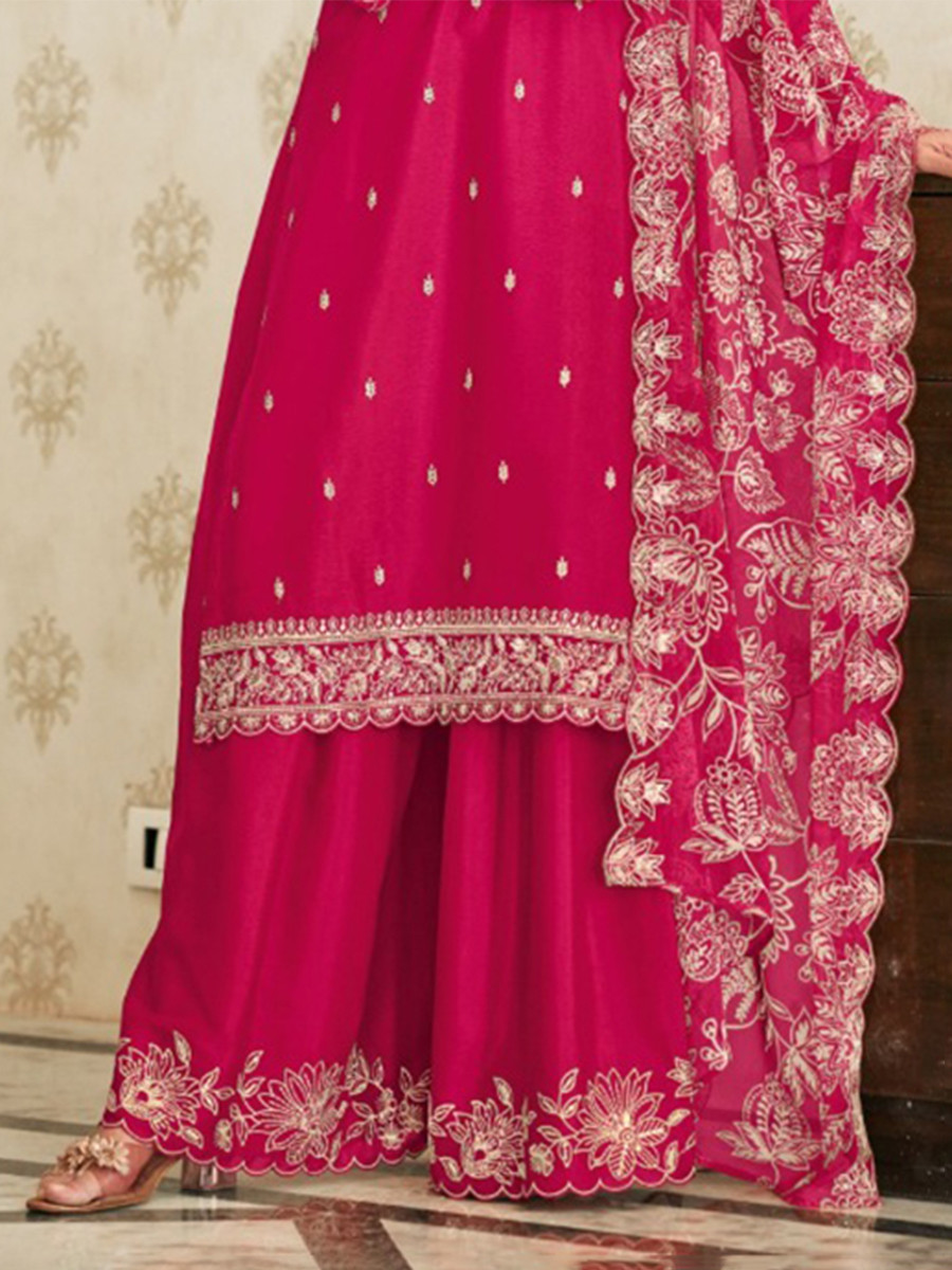 Pink Heavy Premium Chinon Embroidery Wedding Party Festival Casual Palazzo Pant Salwar Kameez