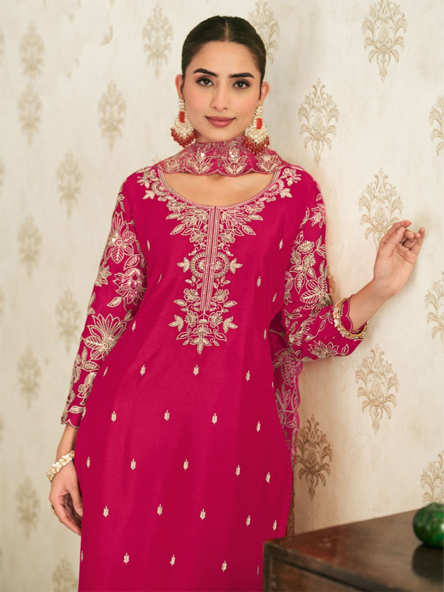 Pink Heavy Premium Chinon Embroidery Wedding Party Festival Casual Palazzo Pant Salwar Kameez