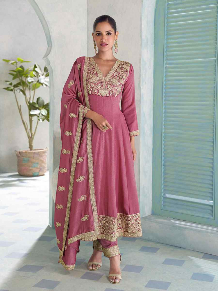 Image of Pink Heavy Premium Silk Embroidery Party Wedding Festival Casual Ready Anarkali Salwar Kameez