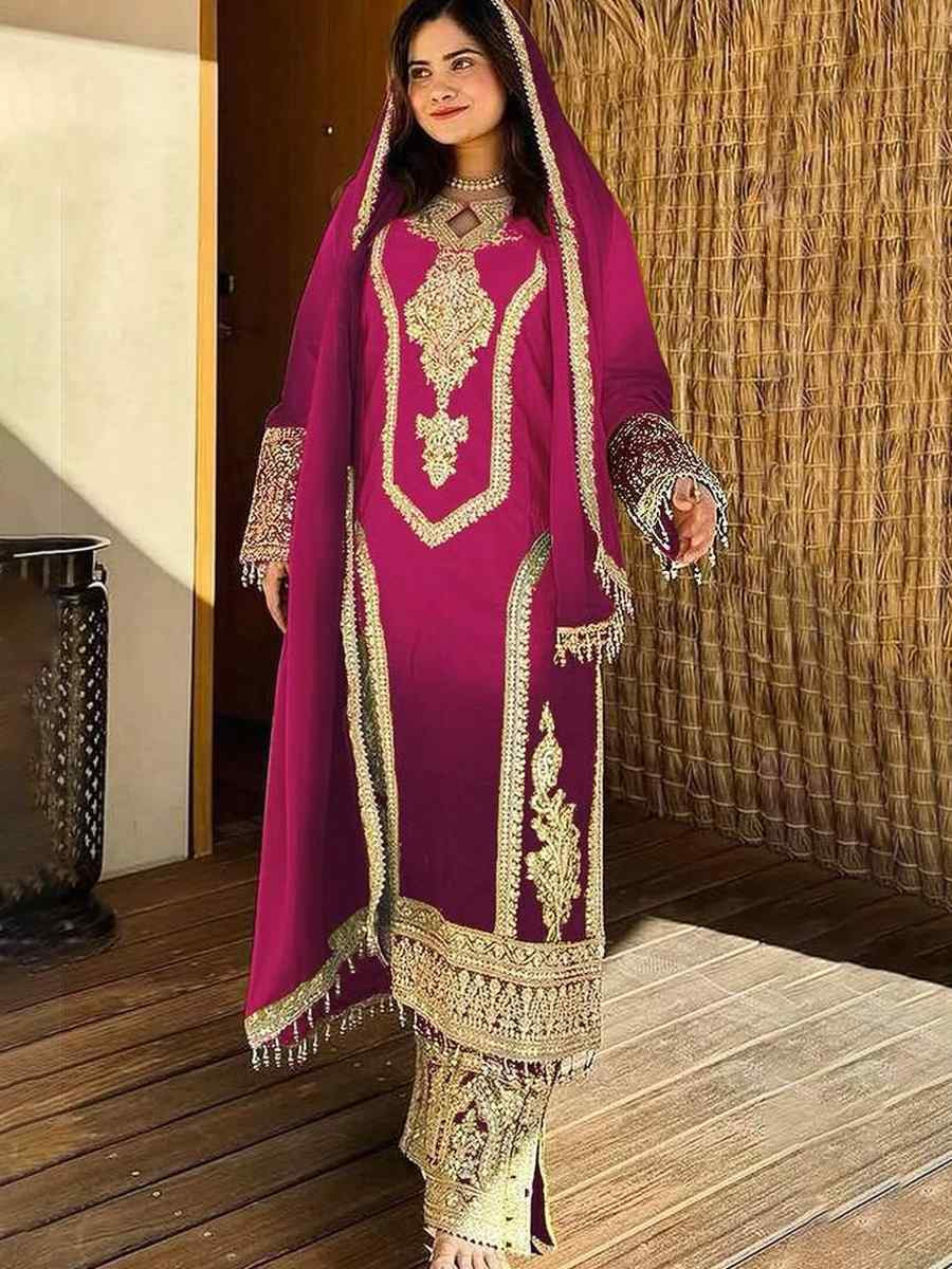 Pink Heavy Pure Dull Tone Peding Chinon Silk Embroidered Fastive Wedding Ready Pant Salwar Kameez