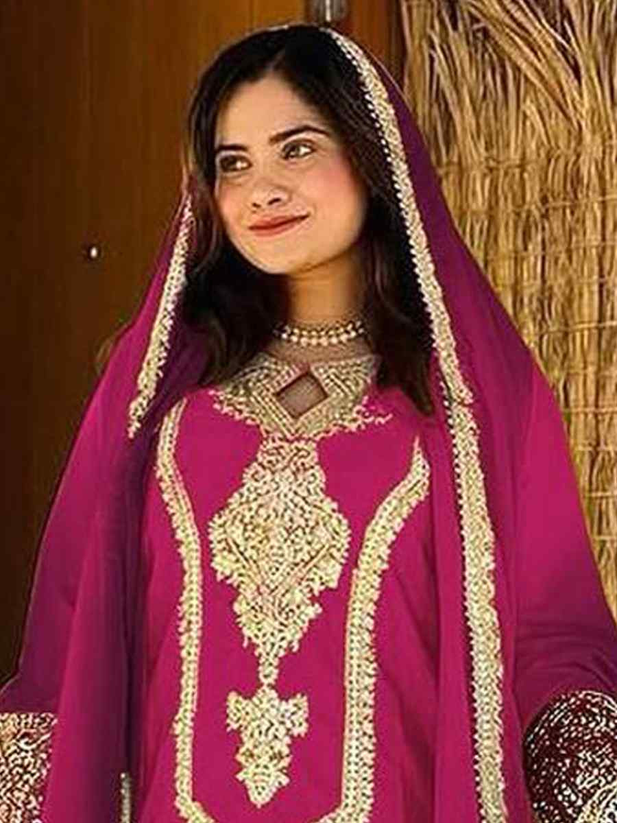 Pink Heavy Pure Dull Tone Peding Chinon Silk Embroidered Fastive Wedding Ready Pant Salwar Kameez