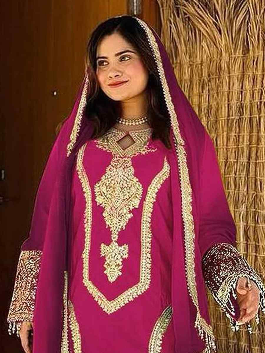 Pink Heavy Pure Dull Tone Peding Chinon Silk Embroidered Fastive Wedding Ready Pant Salwar Kameez