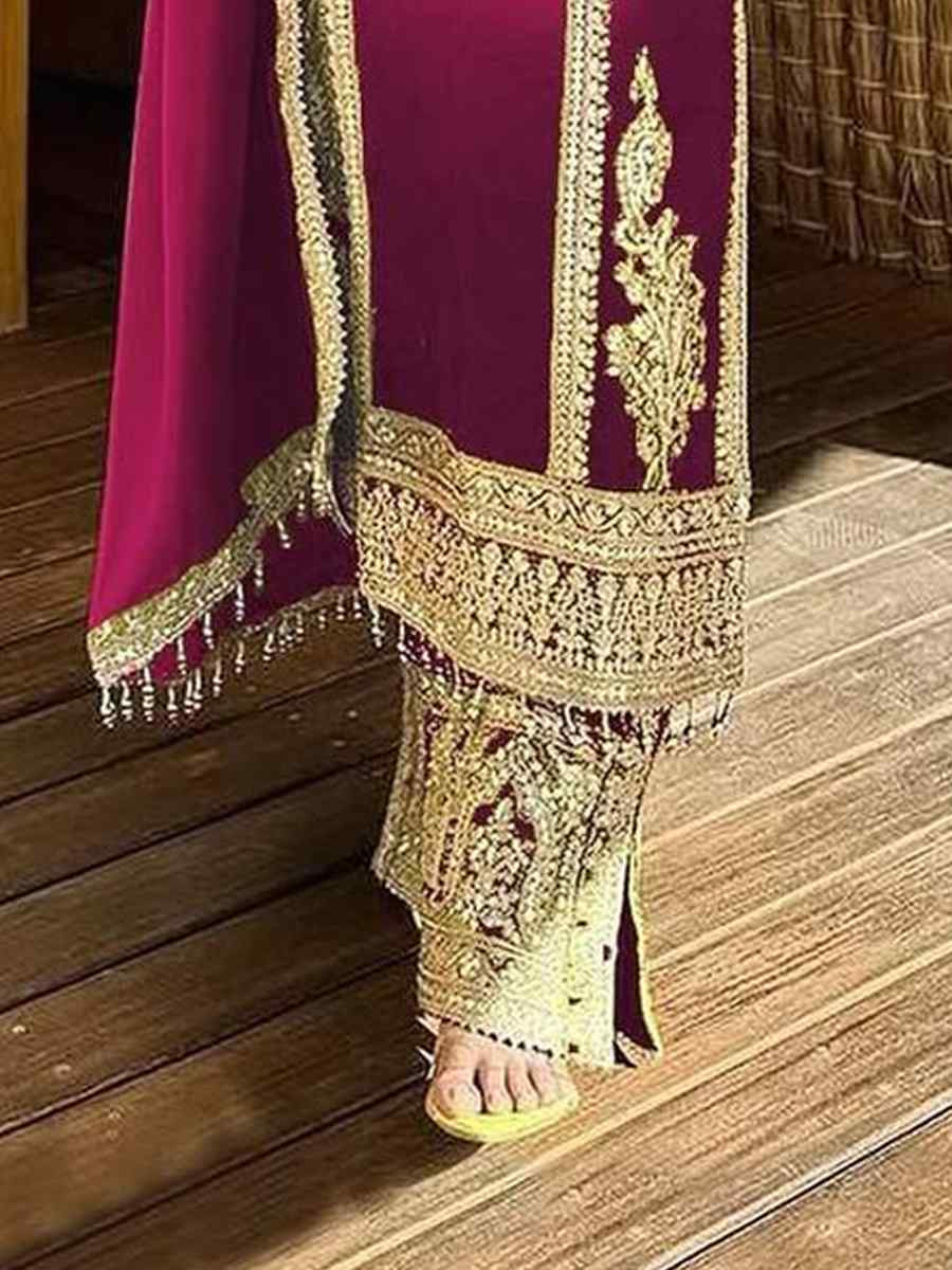 Pink Heavy Pure Dull Tone Peding Chinon Silk Embroidered Fastive Wedding Ready Pant Salwar Kameez