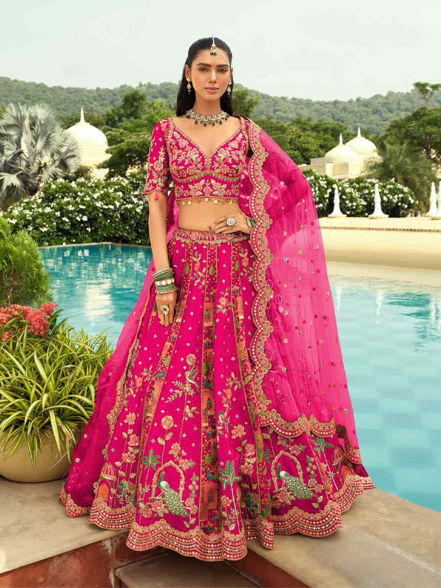 Pink Heavy Pure Silk Embroidered Wedding Reception Festival Heavy Border Lehenga Choli