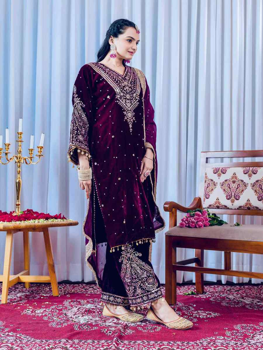 Pink Heavy Pure Viscose Velvet Embroidery Party Wedding Festival Casual Ready Pant Salwar Kameez