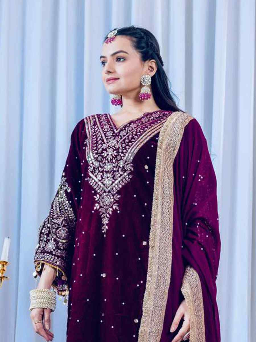 Pink Heavy Pure Viscose Velvet Embroidery Party Wedding Festival Casual Ready Pant Salwar Kameez