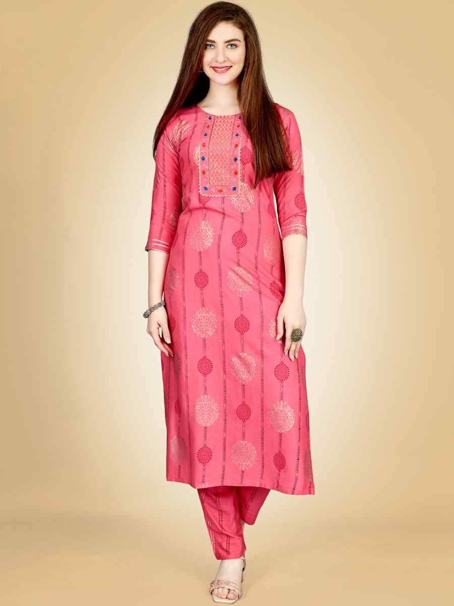 Pink Heavy Rayon 14 Kgs Embroidered Festival Casual Kurti