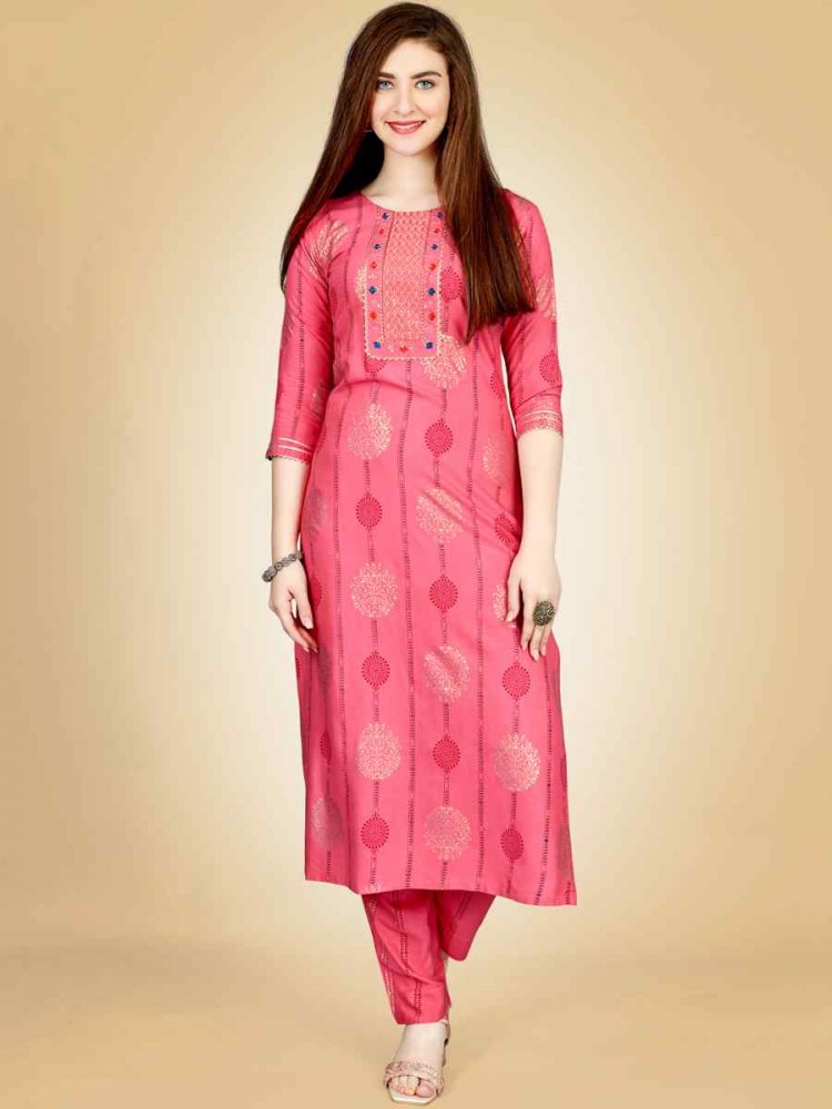 Pink Heavy Rayon 14 Kgs Embroidered Festival Casual Kurti