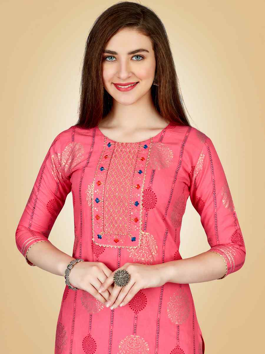 Pink Heavy Rayon 14 Kgs Embroidered Festival Casual Kurti With Bottom