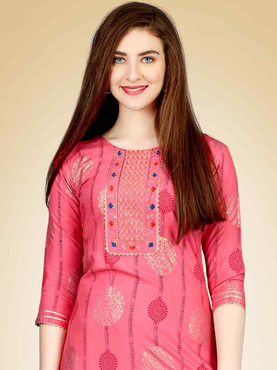 Pink Heavy Rayon 14 Kgs Embroidered Festival Casual Kurti
