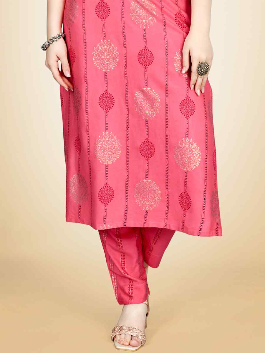 Pink Heavy Rayon 14 Kgs Embroidered Festival Casual Kurti With Bottom