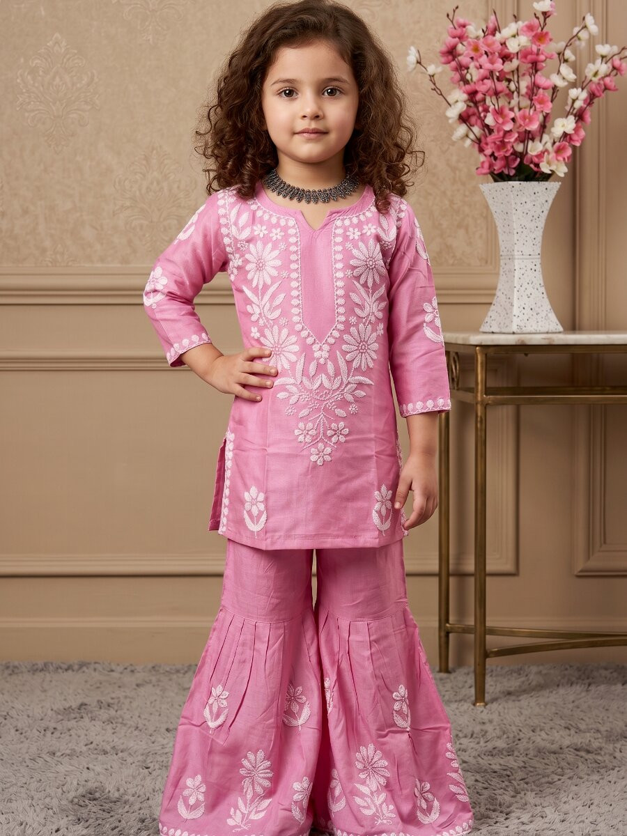 Pink Heavy rayon cotton Embroidered Ethnic Casual Festival Party Wedding Kurta Sharara Girls Wear