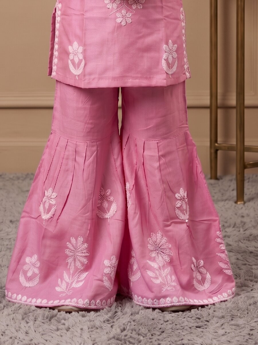 Pink Heavy rayon cotton Embroidered Ethnic Casual Festival Party Wedding Kurta Sharara Girls Wear