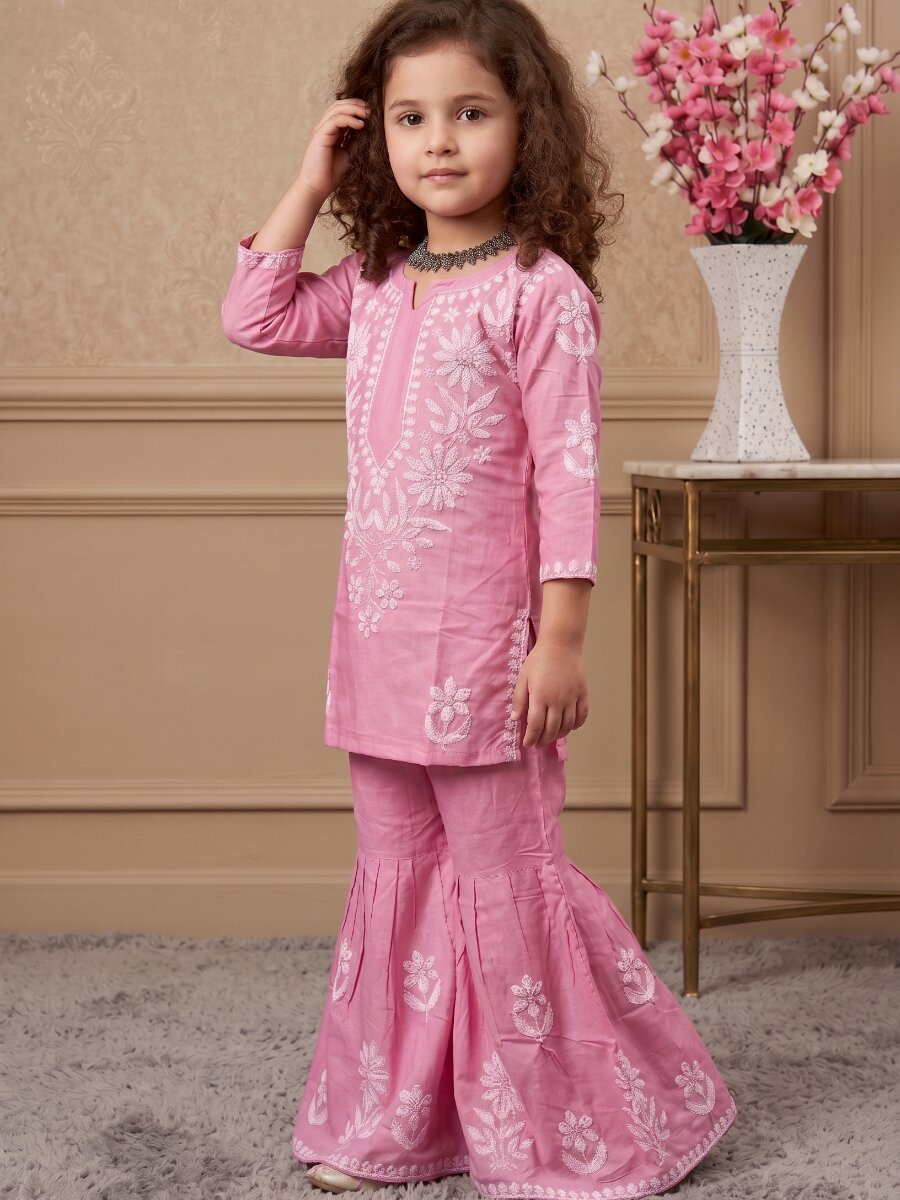Pink Heavy rayon cotton Embroidered Ethnic Casual Festival Party Wedding Kurta Sharara Girls Wear