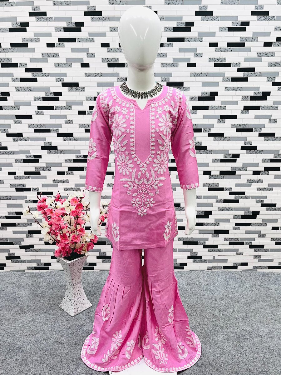 Pink Heavy rayon cotton Embroidered Ethnic Casual Festival Party Wedding Kurta Sharara Girls Wear