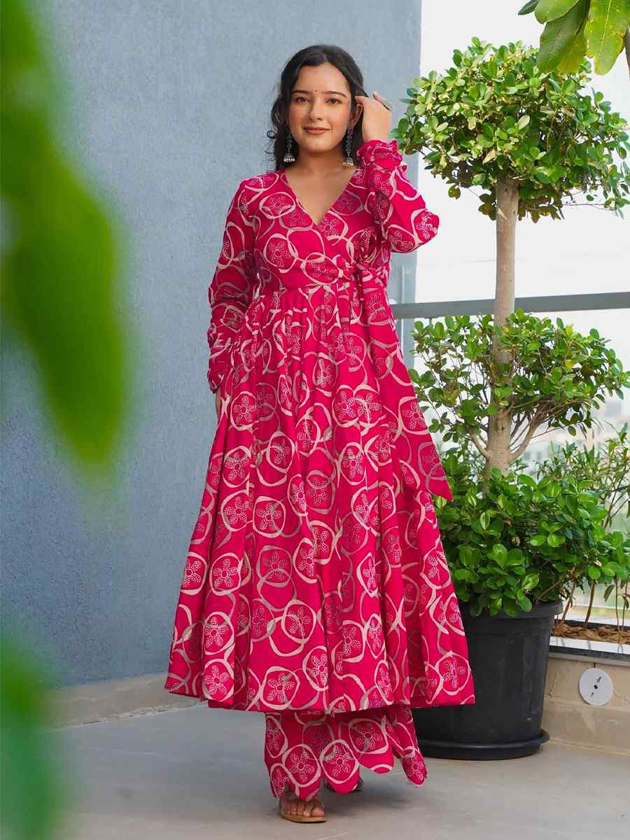 Pink Heavy Rayon Printed Festival Casual Kurti with Bottom