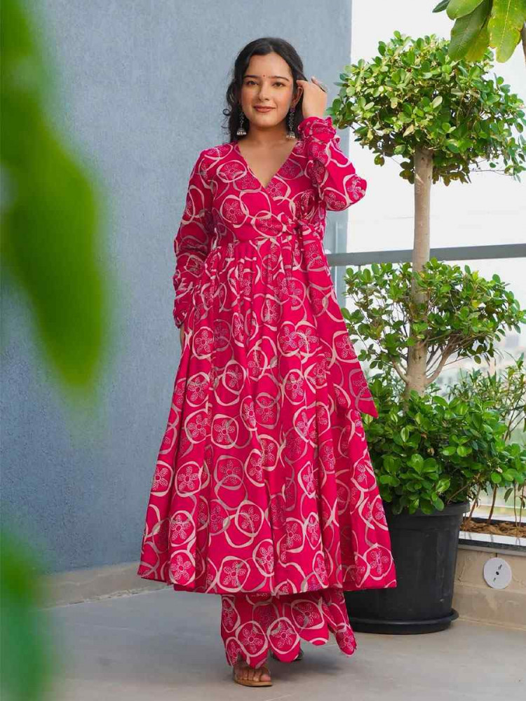 Image of Pink Heavy Rayon Printed Festival Casual Kurti with Bottom