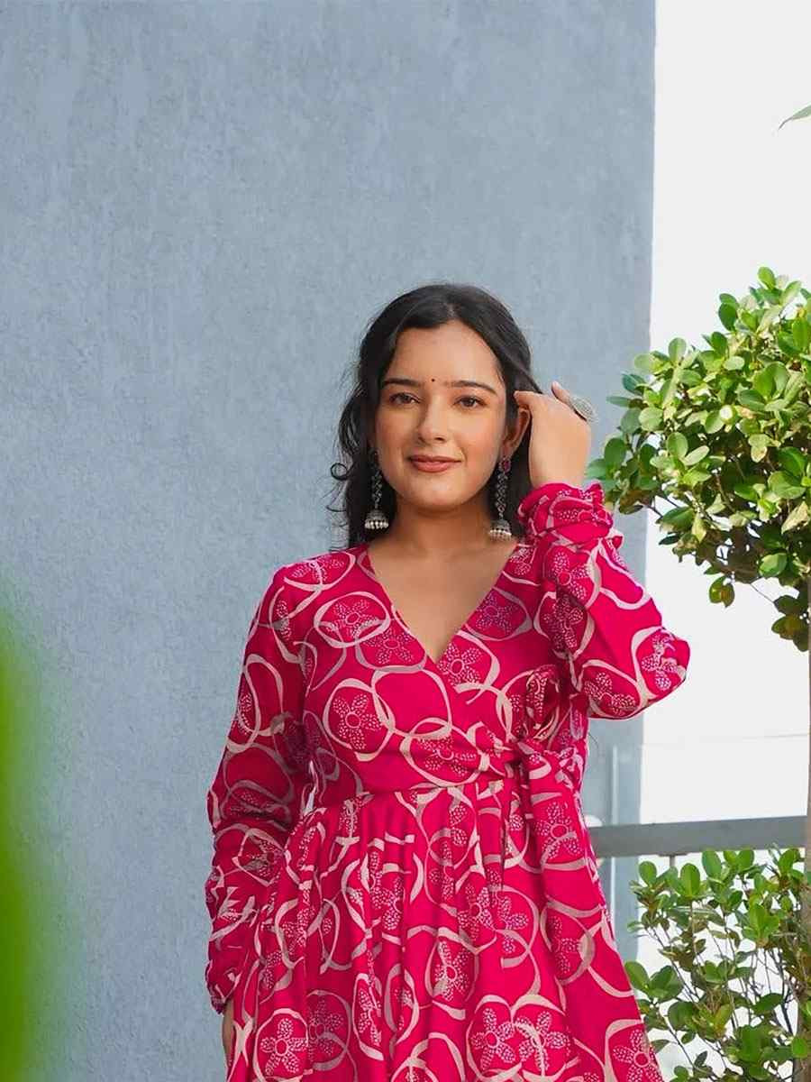 Pink Heavy Rayon Printed Festival Casual Kurti with Bottom