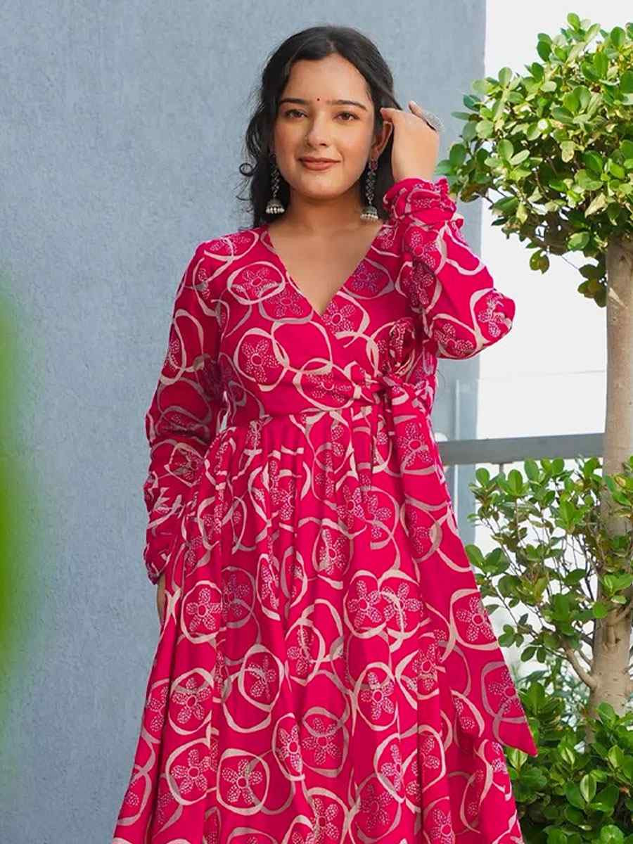 Pink Heavy Rayon Printed Festival Casual Kurti with Bottom