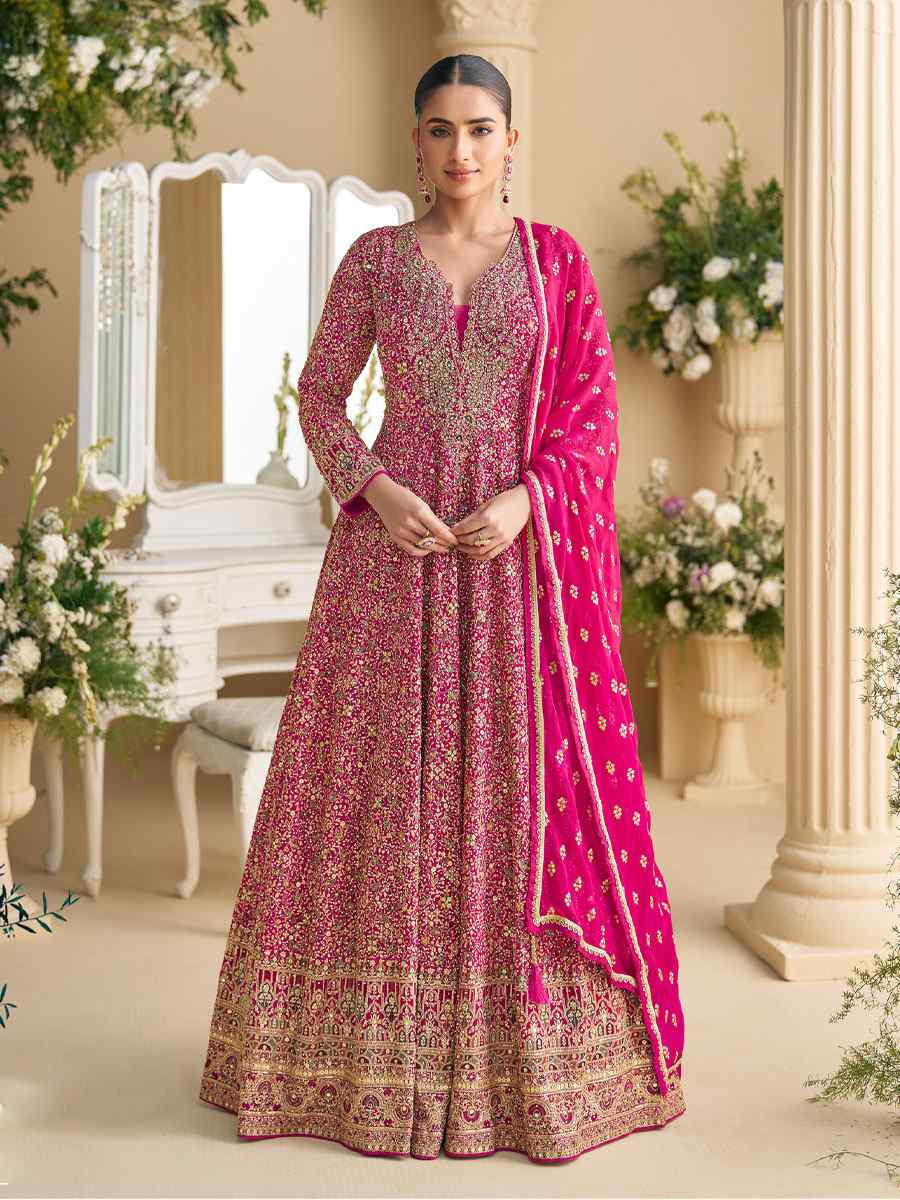 Pink Heavy Real Georgette Embroidered Festival Casual Wedding Gown