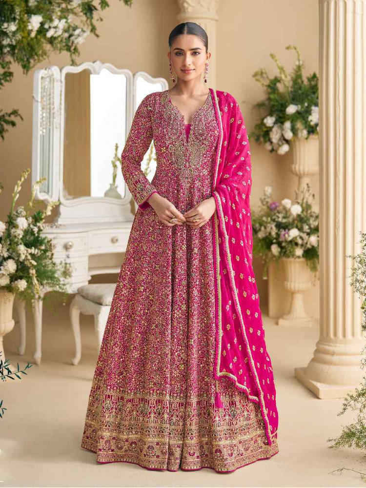 Image of Pink Heavy Real Georgette Embroidered Festival Casual Wedding Gown