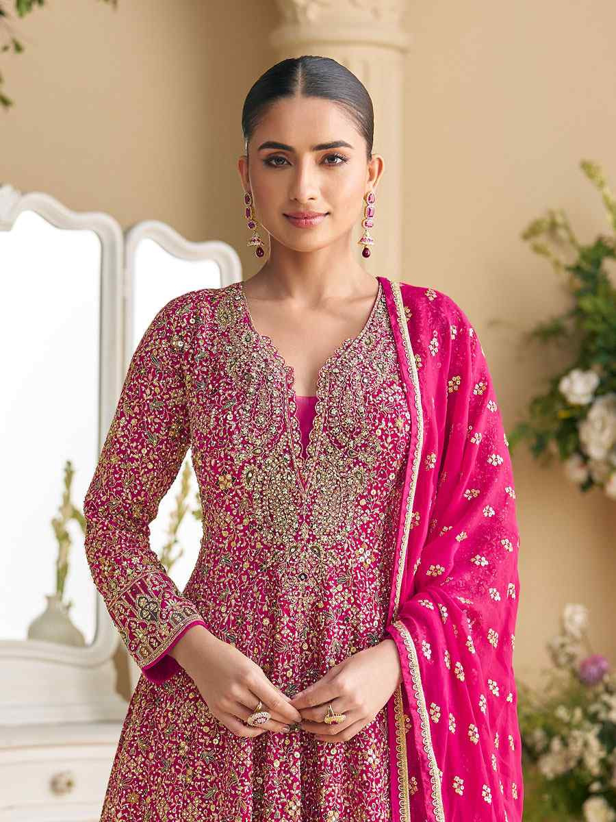 Pink Heavy Real Georgette Embroidered Festival Casual Wedding Gown