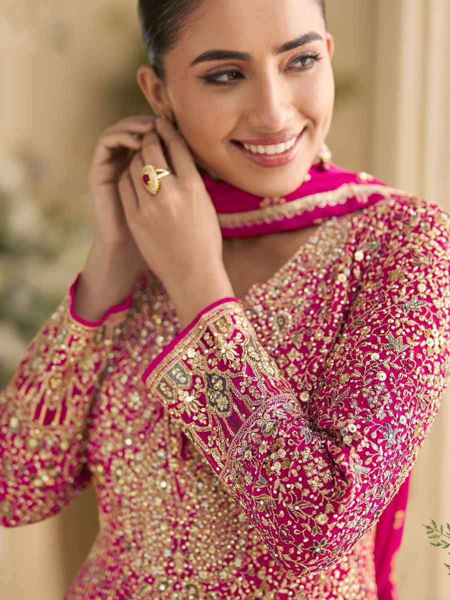 Pink Heavy Real Georgette Embroidered Festival Casual Wedding Gown