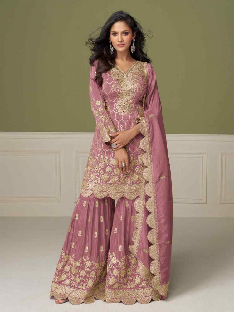 Image of Pink Heavy Real Simar Silk Embroidery Party Wedding Festival Casual Ready Sharara Pant Salwar Kameez
