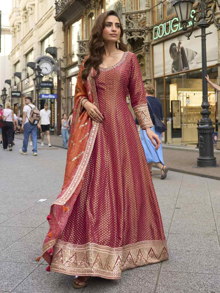 Pink Heavy Real Vichitra Silk Embroidered Festival Casual Gown Women Wear