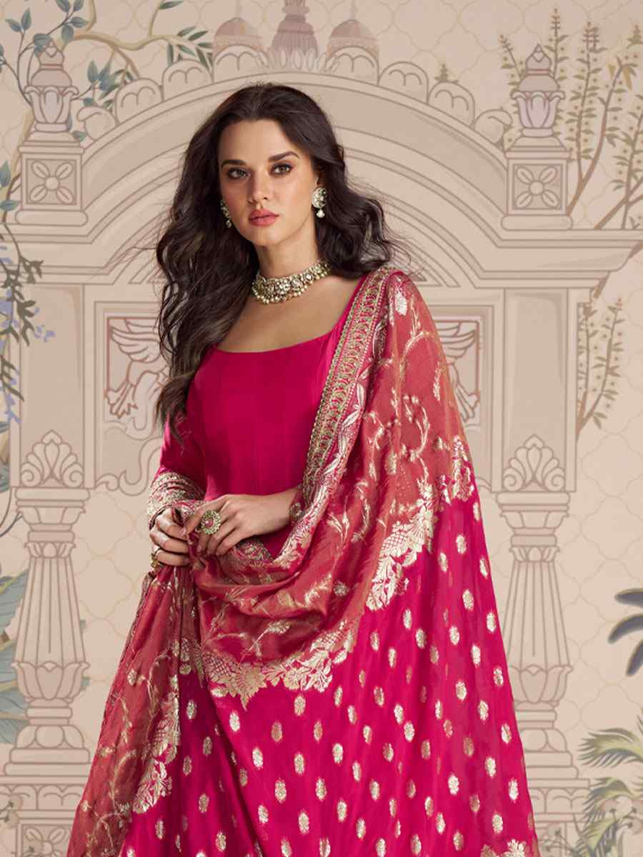 Pink Heavy Real Vichitra Silk Embroidered Festival Casual Gown Women Wear