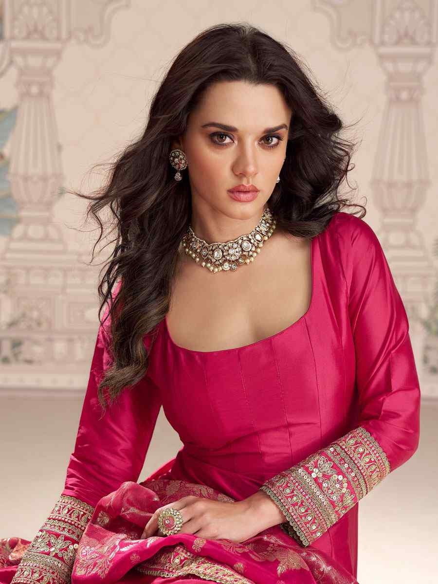 Pink Heavy Real Vichitra Silk Embroidered Festival Casual Gown Women Wear