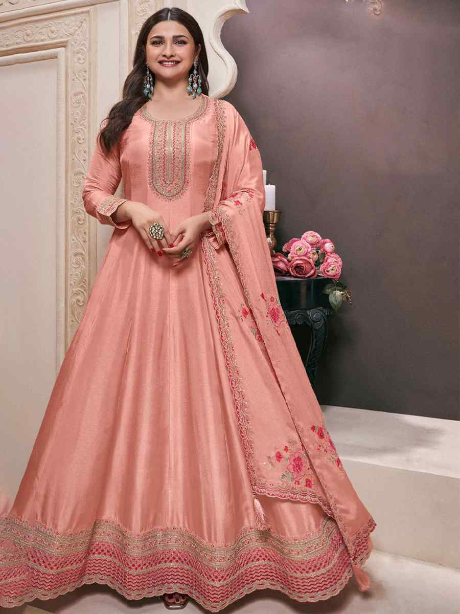 Pink Heavy Silk Embroidered Festival Wedding Anarkali Salwar Kameez