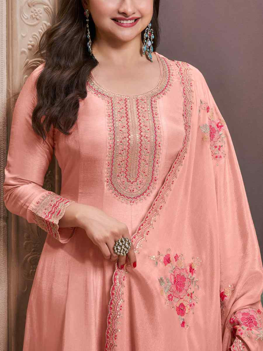 Pink Heavy Silk Embroidered Festival Wedding Anarkali Salwar Kameez