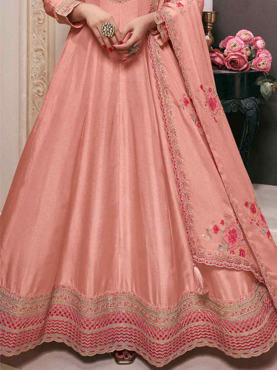 Pink Heavy Silk Embroidered Festival Wedding Anarkali Salwar Kameez