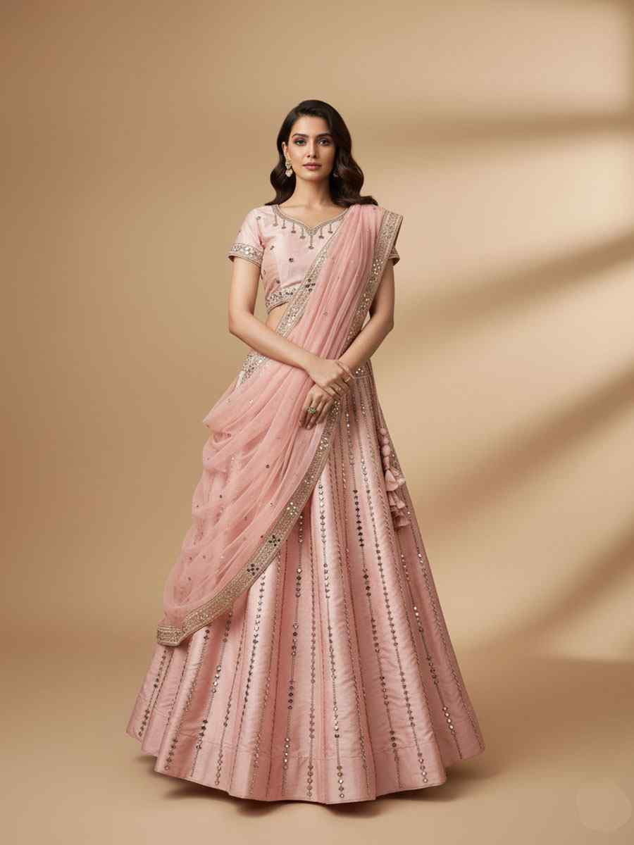 Pink Heavy Silk Embroidered Wedding Reception Festival Heavy Border Lehenga Choli