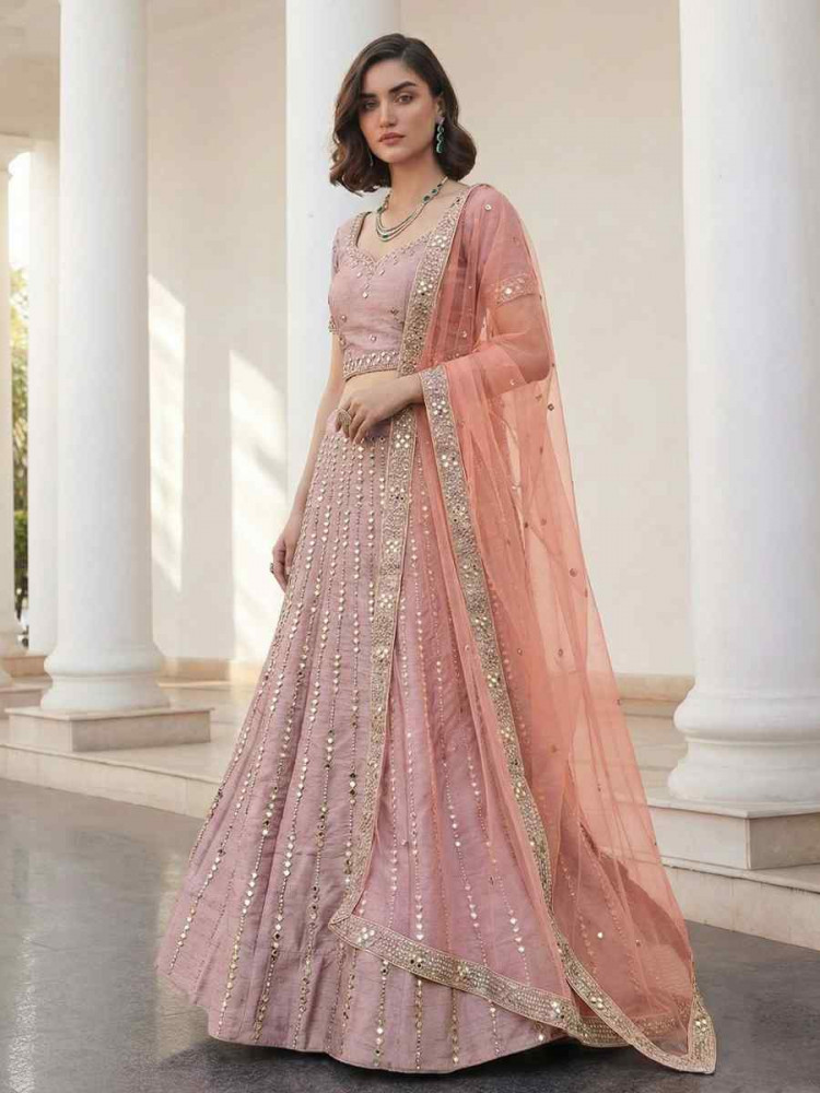 Image of Pink Heavy Silk Embroidery Wedding Reception Festival Heavy Border Lehenga Choli