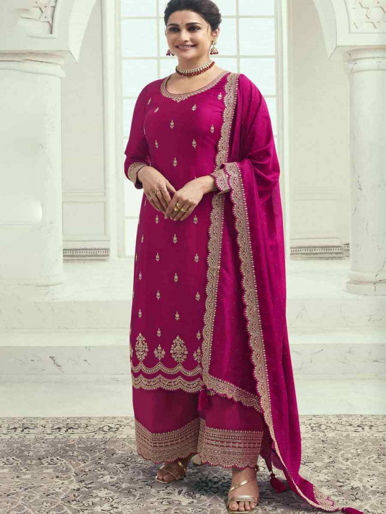 Image of Pink Heavy Silk Georgette Embroidered Casual Festival Wedding Party Palazzo Pant Salwar Kameez
