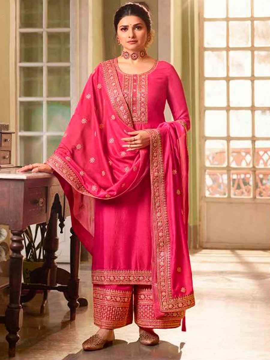 Pink Heavy Silk Georgette Embroidered Wedding Festival Bollywood Palazzo Pant Salwar Kameez