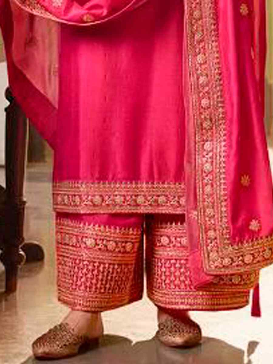 Pink Heavy Silk Georgette Embroidered Wedding Festival Bollywood Palazzo Pant Salwar Kameez