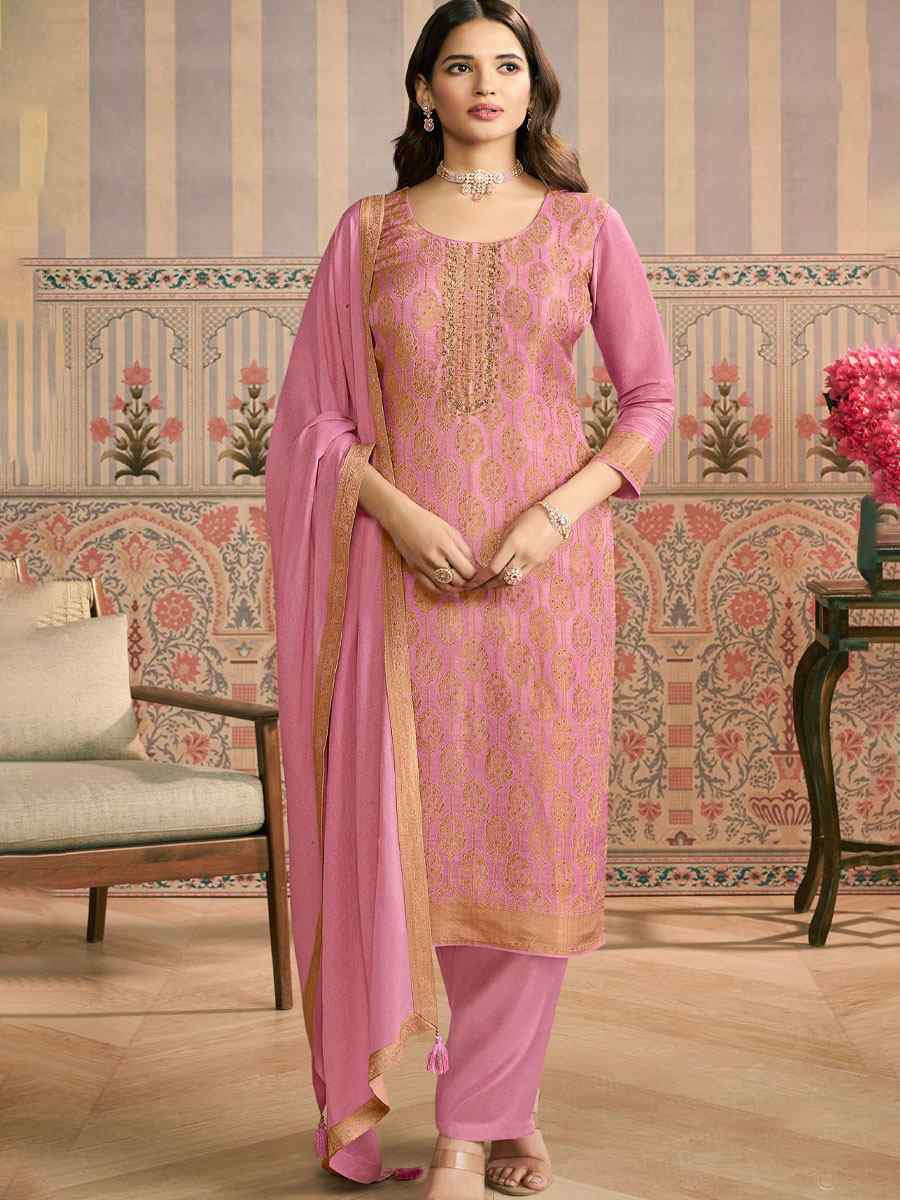Pink Heavy Simar Jequard Silk Embroidered Festival Wedding Pant Salwar Kameez