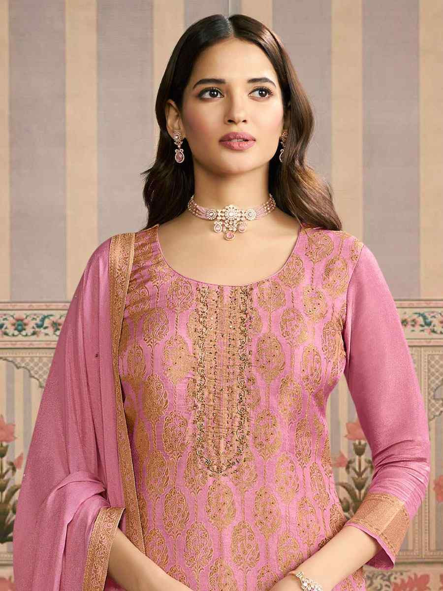 Pink Heavy Simar Jequard Silk Embroidered Festival Wedding Pant Salwar Kameez