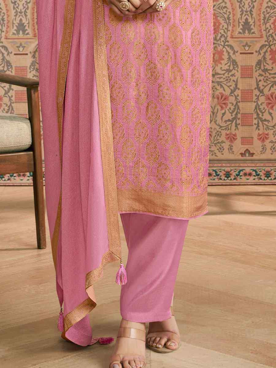 Pink Heavy Simar Jequard Silk Embroidered Festival Wedding Pant Salwar Kameez