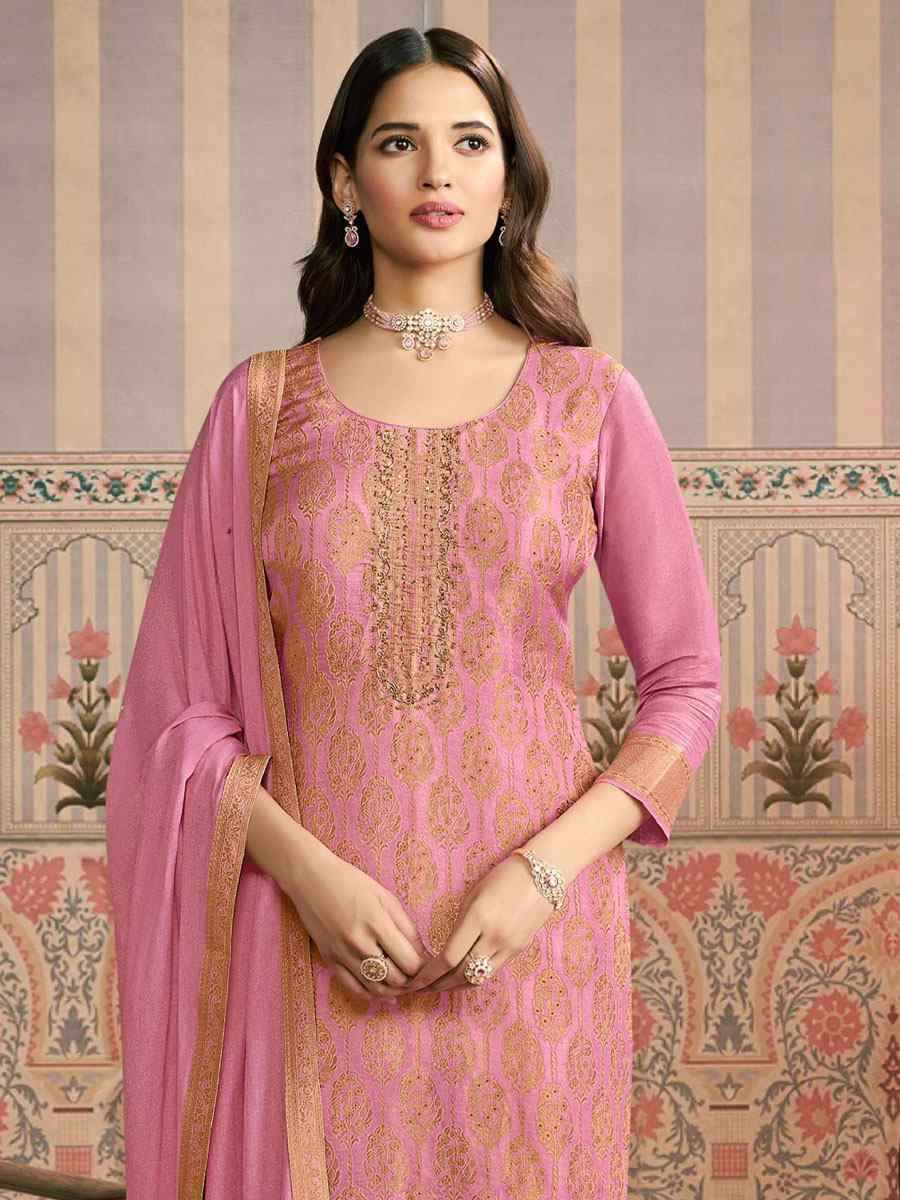 Pink Heavy Simar Jequard Silk Embroidered Festival Wedding Pant Salwar Kameez